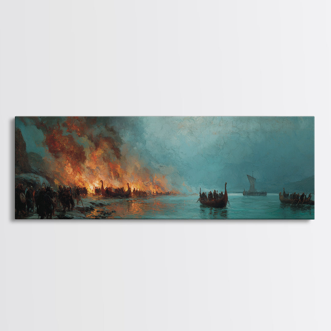 Viking Longboats By Burning Shore Framed Canvas Print, Nordic Seascape, Historical Wall Art, Moody Nautical Decor, Large Horizontal Art