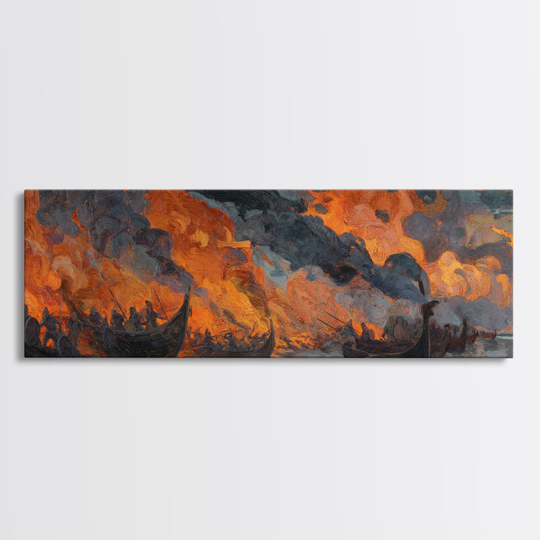 Burning Viking Longships Framed Canvas Print, Fiery Battle Seascape Wall Art, Norse Saga Decor, Dark Coastal Artwork For Men