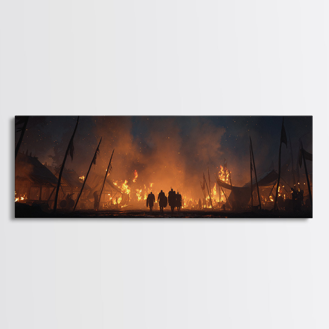 Burning Medieval Camp At Night Wall Art, Dark Fantasy Canvas Print, Fiery Battle Scene, Gothic Game Room Decor, Masculine Wall Decor
