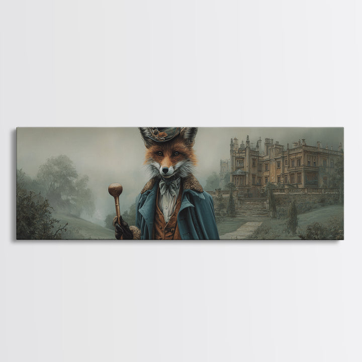 Victorian Fox Gentleman At Misty Manor Framed Canvas Print, Whimsical Animal Portrait, Dark Academia Country House Wall Art