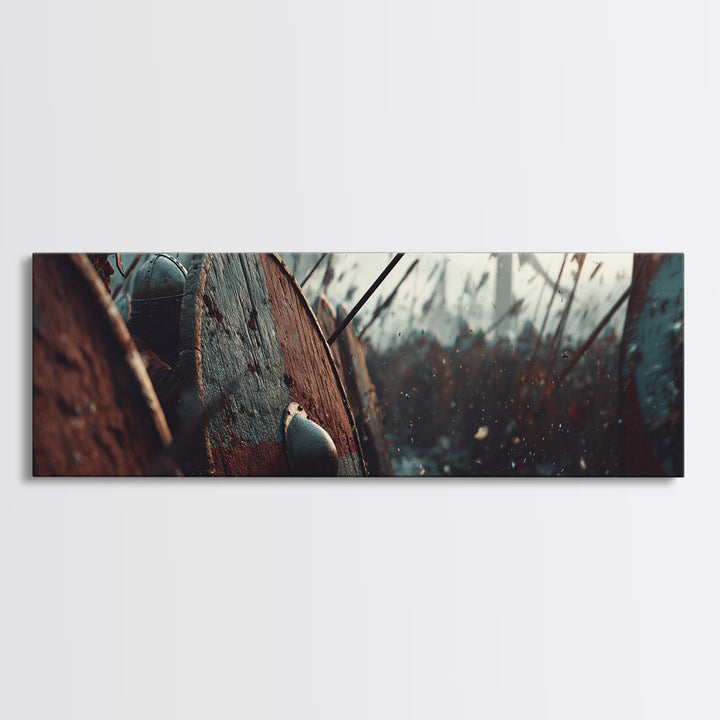 Shield Wall In Snowy Battle Wall Art, Viking Warfare Canvas Print, Spear And Round Shield Decor, Medieval Game Room Decor