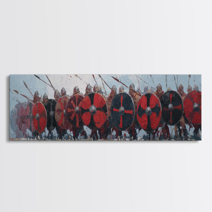 Red Shield Viking Army Framed Canvas Print, Norse Battle Wall Art, Medieval Warrior Decor, Large Horizontal Artwork For Him