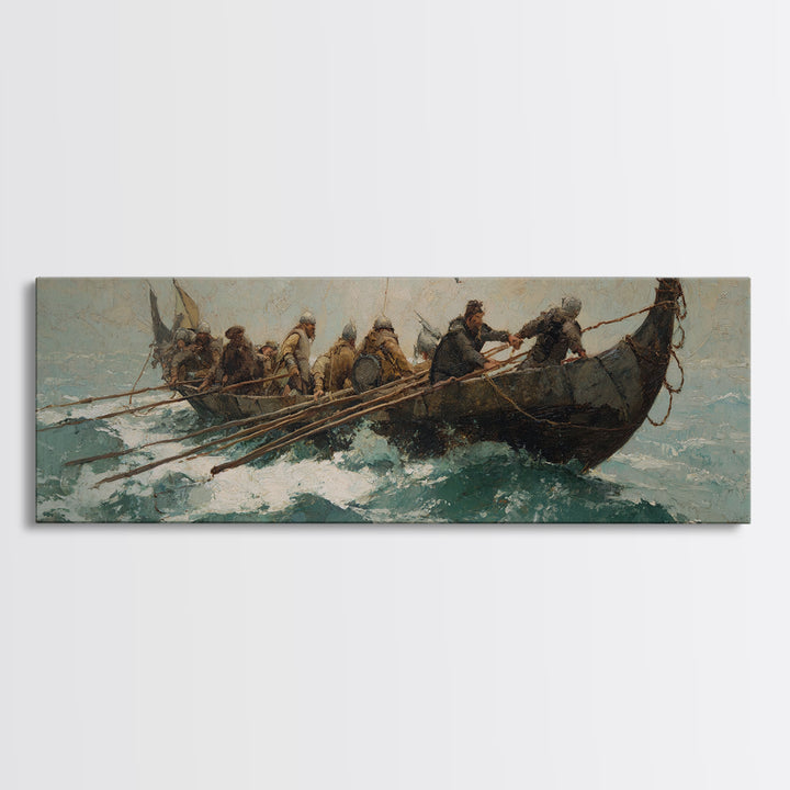 Viking Longboat Battling Turquoise Sea Wall Art, Nautical Canvas Print, Norse Warrior Decor, Coastal Historical Art For Men