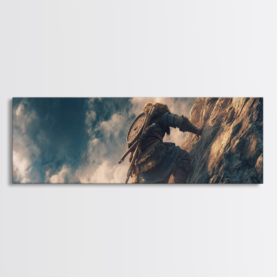 Viking Climber Scaling Sheer Cliff Wall Art, Adventure Fantasy Canvas Print, Nordic Landscape Decor, Gift For Him, Office Poster