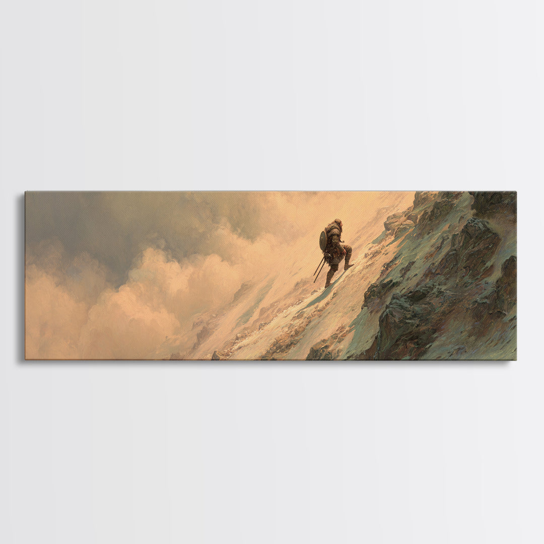 Lone Mountaineer On Snowy Cliff Wall Art, Epic Fantasy Landscape Canvas, Mountain Adventure Decor For Office And Man Cave