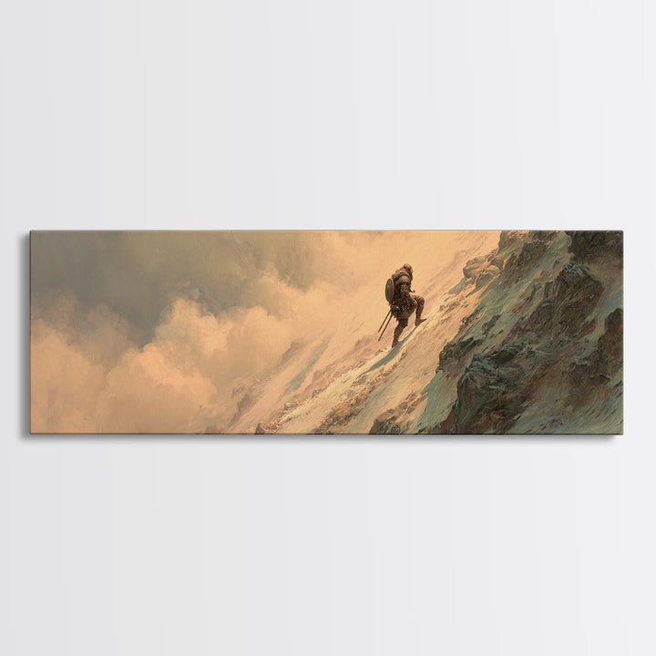 Lone Mountaineer On Snowy Cliff Wall Art, Epic Fantasy Landscape Canvas, Mountain Adventure Decor For Office And Man Cave