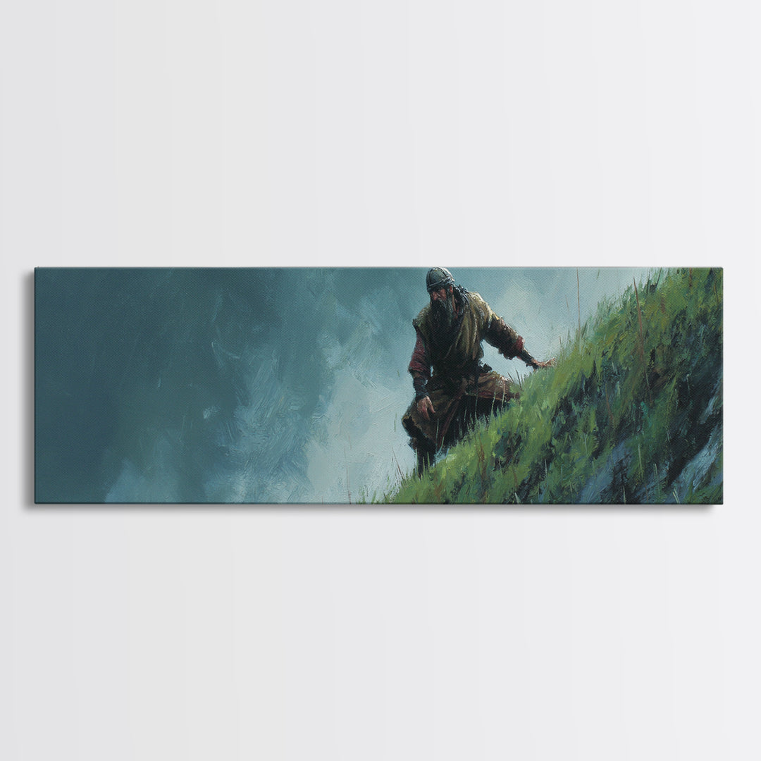 Warrior Climbing Windy Green Cliff Framed Canvas Print, Adventure Fantasy Wall Art, Moody Nature Decor For Office And Bedroom