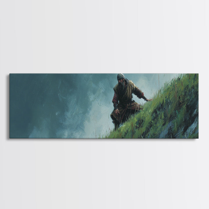 Warrior Climbing Windy Green Cliff Framed Canvas Print, Adventure Fantasy Wall Art, Moody Nature Decor For Office And Bedroom