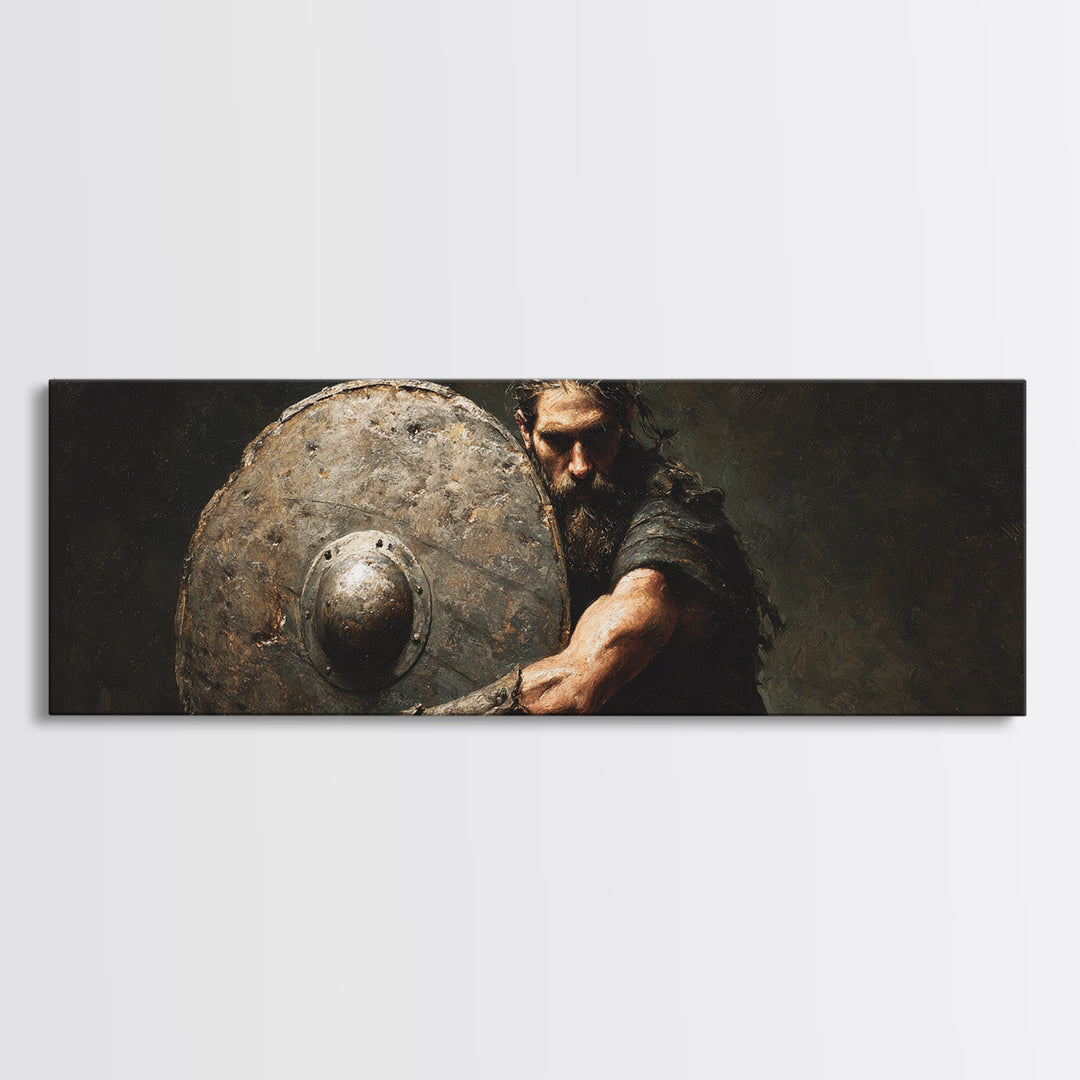 Dark Viking Warrior With Weathered Shield Wall Art, Norse Battle Portrait, Masculine Office Decor, Gothic Man Cave Decor Gift