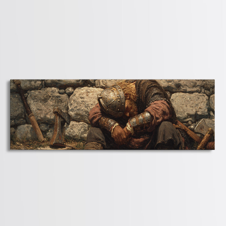 Weary Viking Resting By Stone Wall Framed Canvas Print, Norse Warrior Art, Rustic Medieval Decor, Dark Academia Gift Print