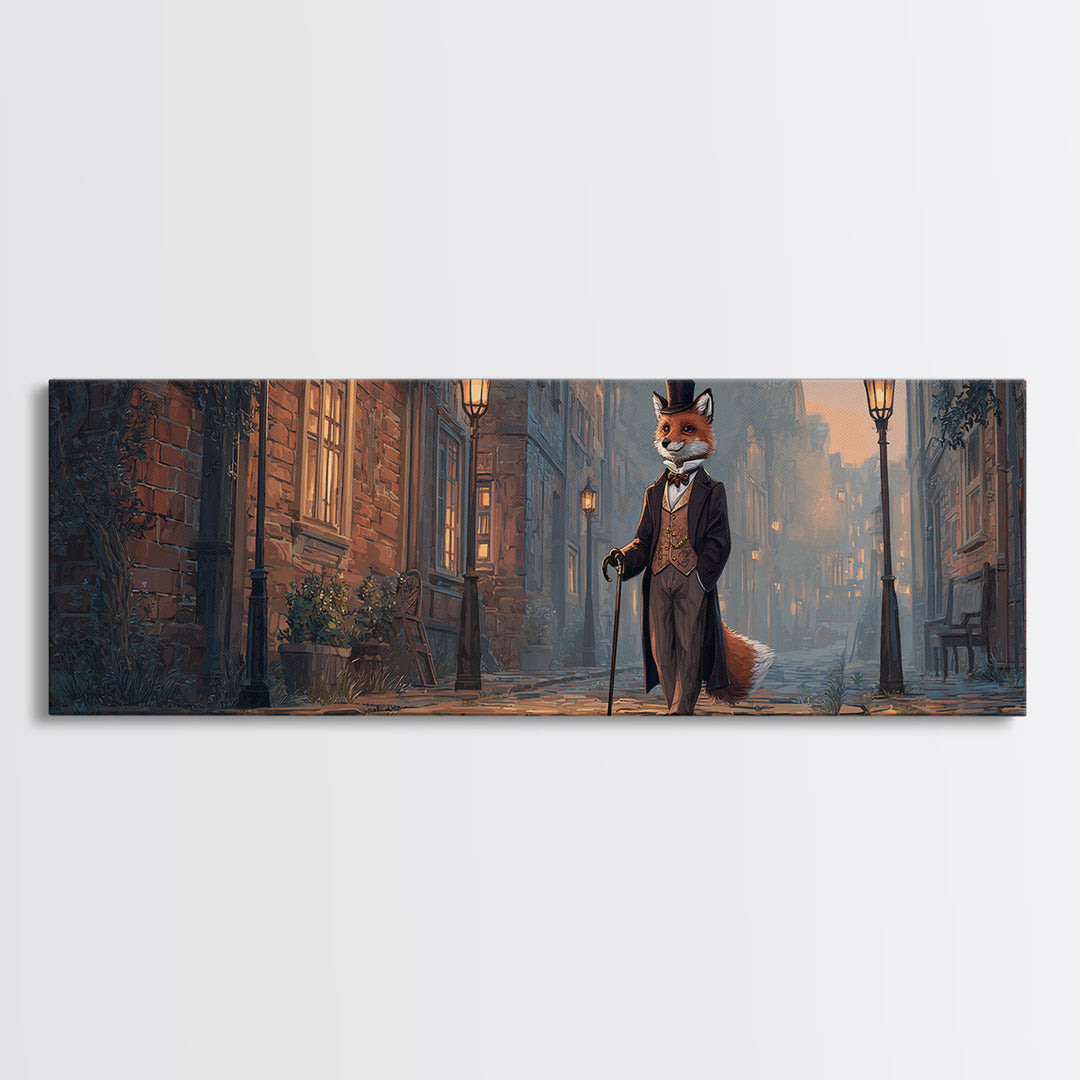 Top Hat Fox On Gaslit Cobblestone Street Wall Art, Whimsical Animal Portrait Canvas, Victorian Kids Room Nursery Decor Print