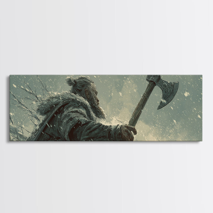 Snowy Viking Warrior With Battle Axe Wall Art, Dark Fantasy Winter Canvas Print, Nordic Masculine Office And Cabin Decor