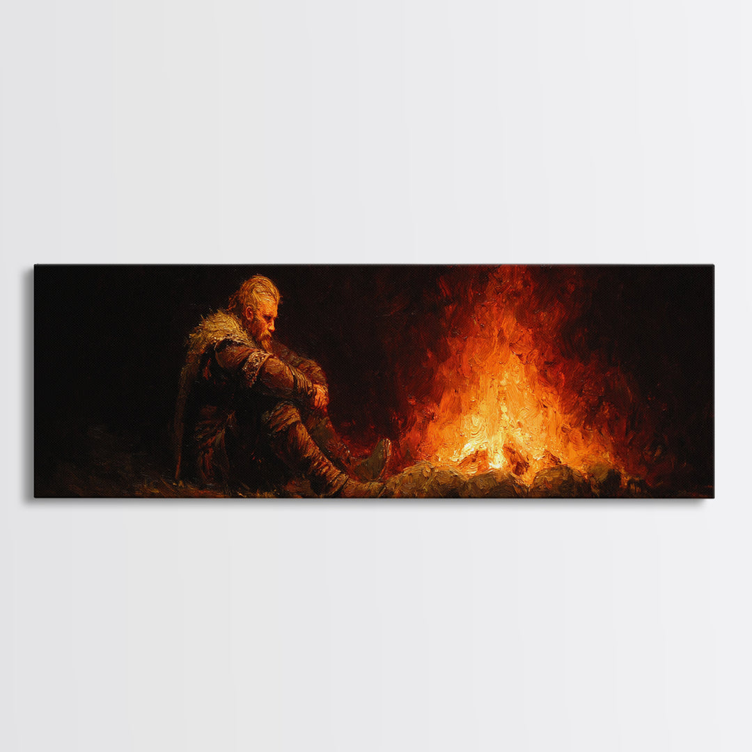 Lonely Traveler Campfire Canvas Print, Dark Fantasy Wall Art, Moody Wilderness Decor, Survival Poster, Rustic Cabin Gift
