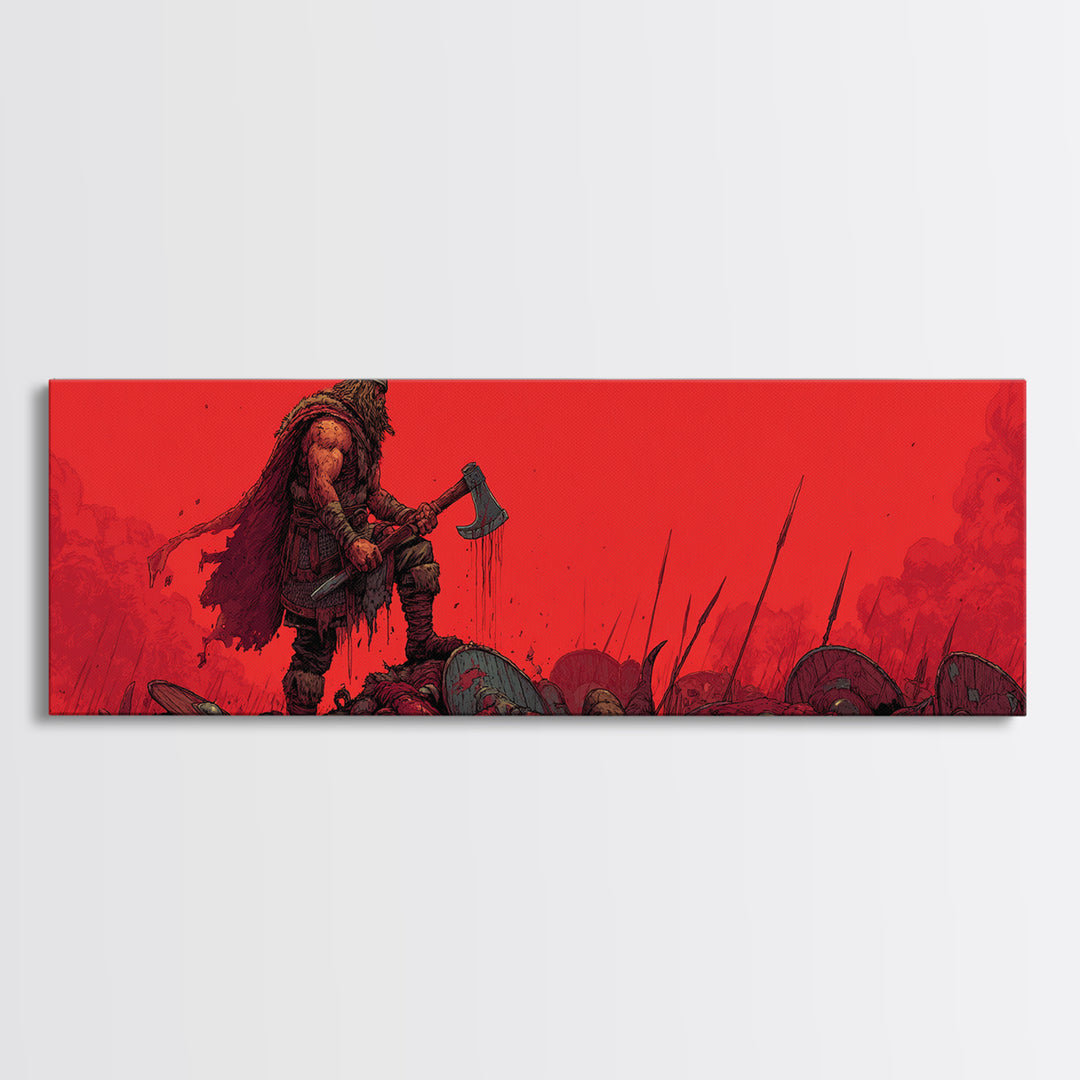 Red Berserker Axe Warrior On Fallen Battlefield Canvas Print, Dark Fantasy Viking Art, Gothic Man Cave Decor Gift For Him
