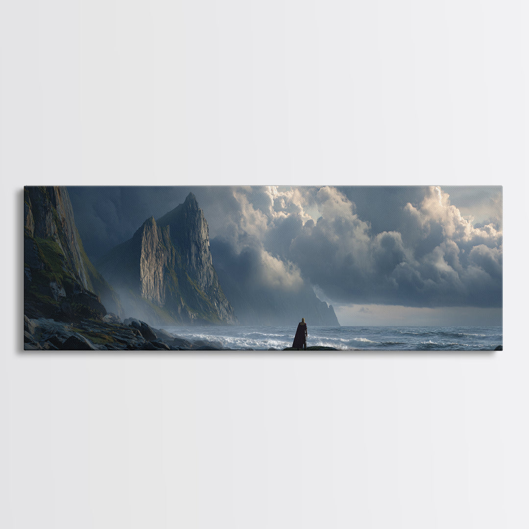 Cloaked Figure On Stormy Cliff Wall Art, Epic Coastal Fantasy Canvas Print, Moody Seascape, Dramatic Landscape Decor, Living Room Art