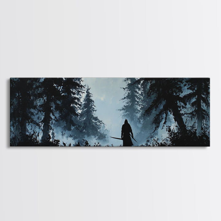 Shadowed Warrior In Misty Pine Forest Wall Art, Dark Fantasy Canvas Print, Moody Woodland Decor, Rustic Cabin Wall Decor