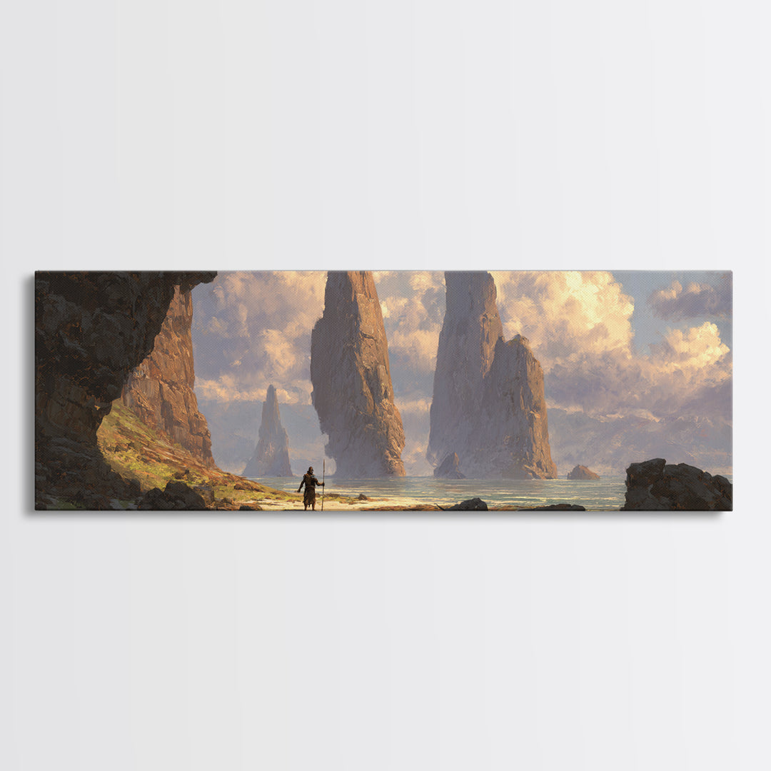 Epic Sea Cliffs With Lone Traveler Canvas Print, Fantasy Landscape Wall Art, Panoramic Coastal Decor, Adventure Art, Home Decor