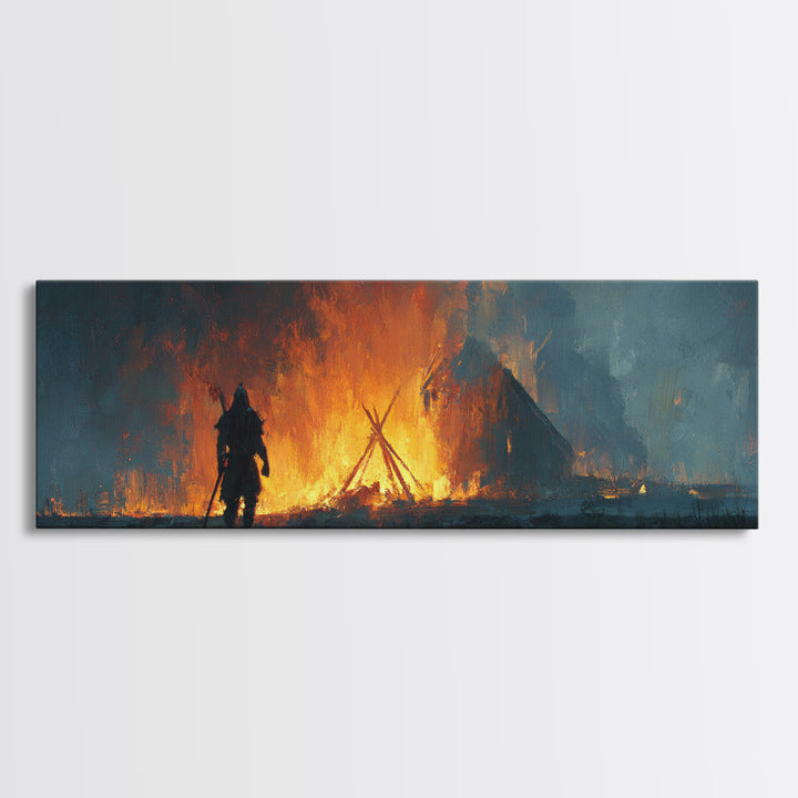 Warrior Before Blazing Village Fire Canvas Print, Dark Fantasy Wall Art, Medieval Battle Decor, Moody Rustic Home Decor Print