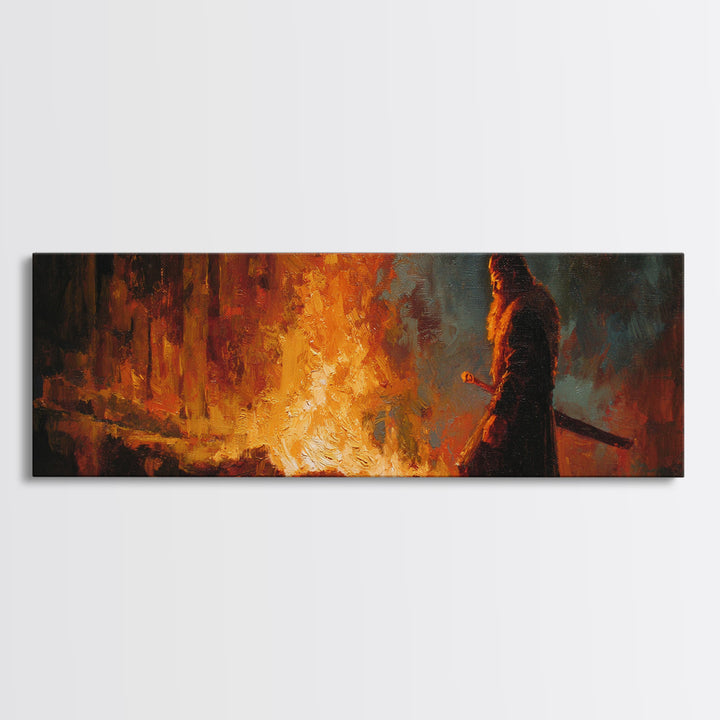 Warrior Watching Burning City Canvas Print, Dark Fantasy Fire Painting Wall Art, Moody Gothic Decor For Office Or Man Cave