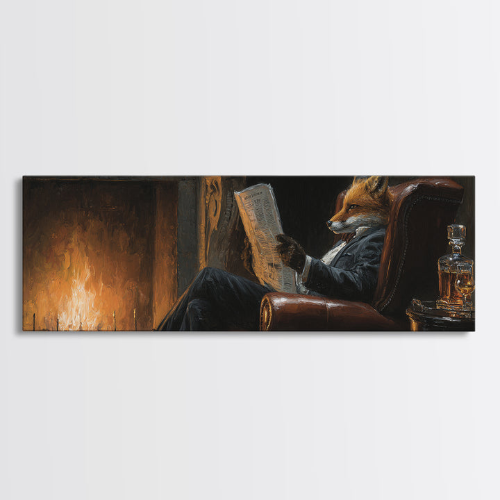 Fox Reading By Fireplace Canvas Print, Cozy Library Wall Art, Dark Academia Study Decor, Whimsical Animal Living Room Art Print