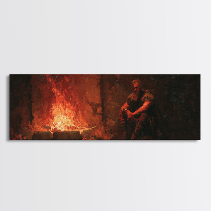 Brooding Medieval Warrior Beside Fiery Hearth Canvas Print, Moody Dark Fantasy Wall Art, Rustic Man Cave Decor Gift For Him