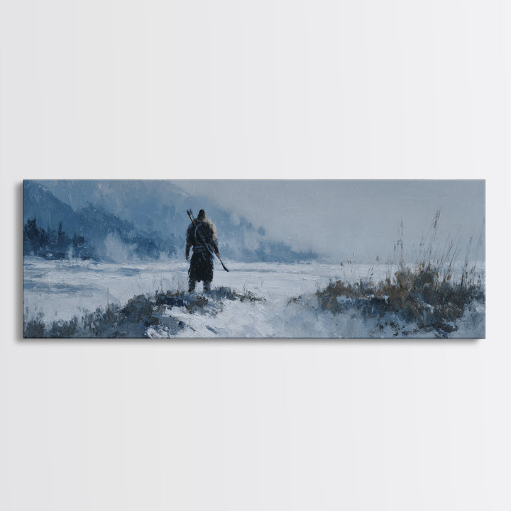 Lone Warrior Crossing Snowy Mountain Valley Wall Art, Winter Landscape Canvas Print, Rustic Cabin Decor, Adventure Gift Idea