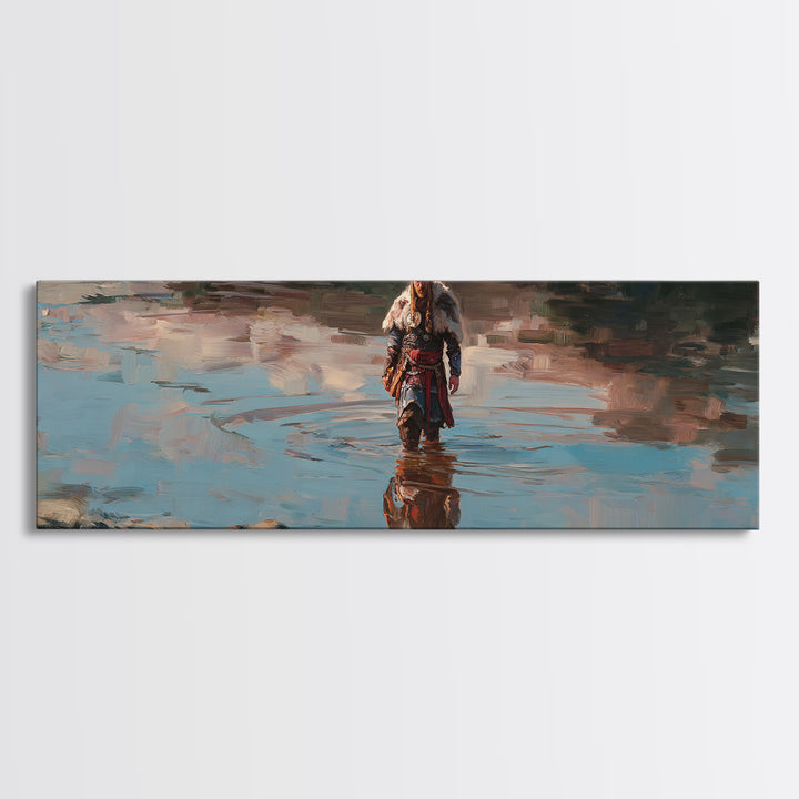 Viking Warrior Walking Through Water Canvas Print, Nordic Fantasy Landscape Wall Art, Rustic Masculine Decor For Home Office