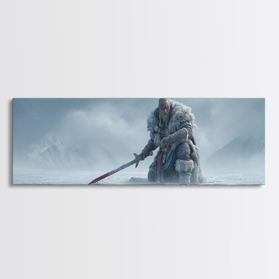 Frost Giant Warrior Kneeling In Snow Framed Canvas Print, Dark Fantasy Wall Art, Winter Mountain Decor, Epic Sword Artwork