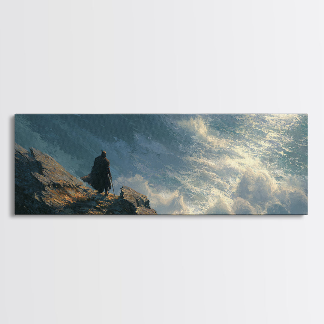 Cloaked Figure Above Crashing Ocean Wall Art, Moody Seascape Framed Canvas Print, Coastal Landscape Living Room Decor Gift
