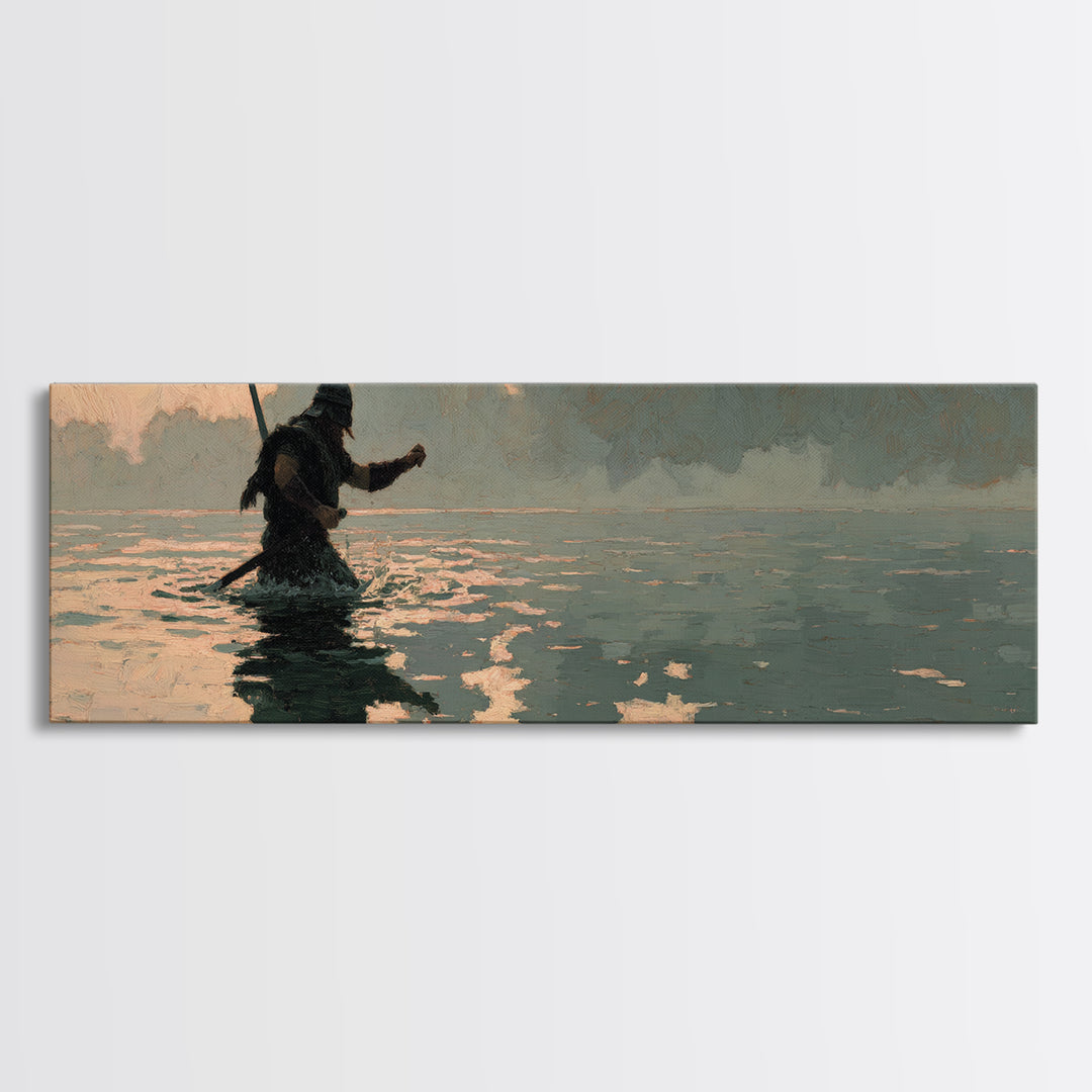 Lone Warrior Wading Through Water Wall Art, Moody Seascape Painting, Dark Fantasy Decor, Cinematic Living Room Print, Gift For Him