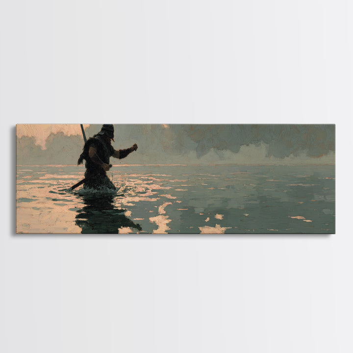 Lone Warrior Wading Through Water Wall Art, Moody Seascape Painting, Dark Fantasy Decor, Cinematic Living Room Print, Gift For Him