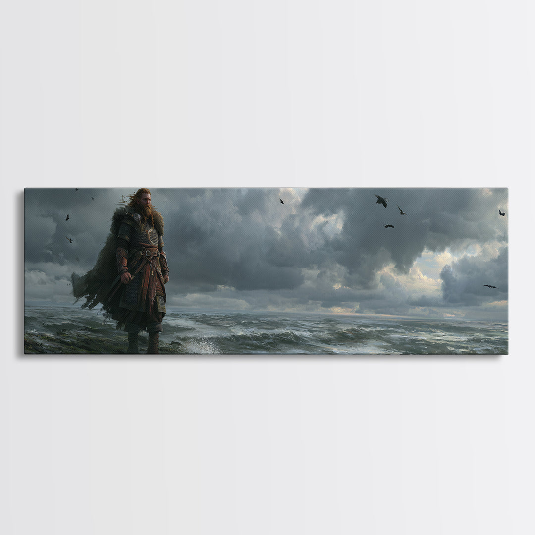 Stormy Viking By Rough Sea Framed Canvas Print, Dark Nordic Warrior Wall Decor, Raven Coastal Fantasy Art For Living Room