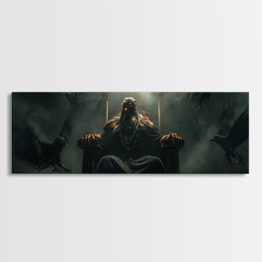 Raven King On Shadow Throne Wall Art, Dark Fantasy Framed Canvas Print, Gothic Castle Decor, Moody Statement Artwork, Game Room Decor