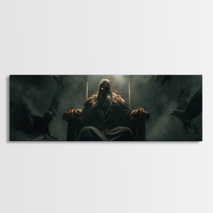 Raven King On Shadow Throne Wall Art, Dark Fantasy Framed Canvas Print, Gothic Castle Decor, Moody Statement Artwork, Game Room Decor