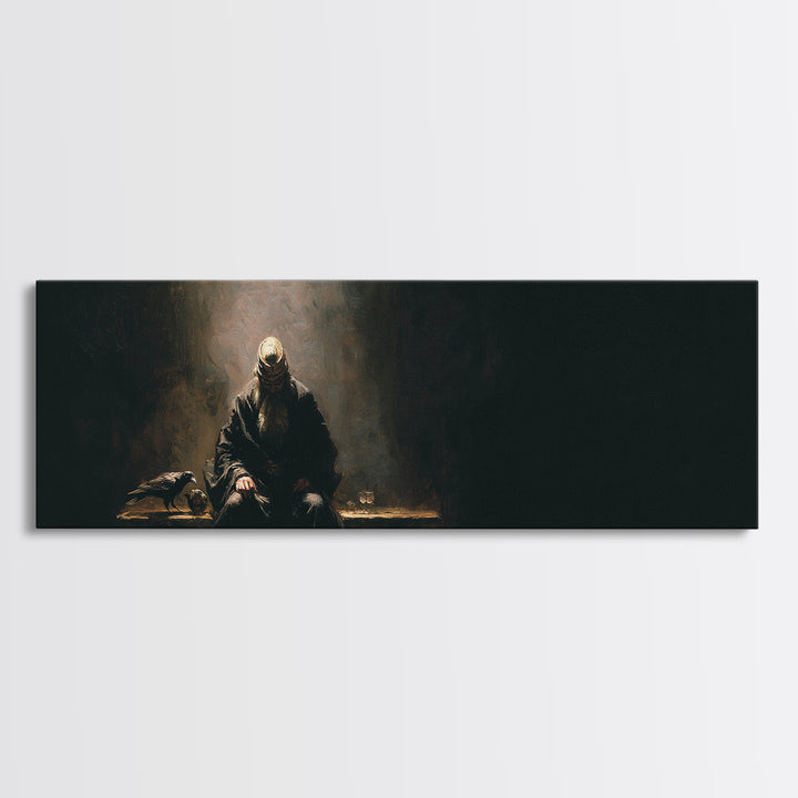 Seated Warrior In Shadow With Raven Framed Canvas Print, Dark Academia Wall Art, Gothic Medieval Decor, Moody Art, Man Cave Decor