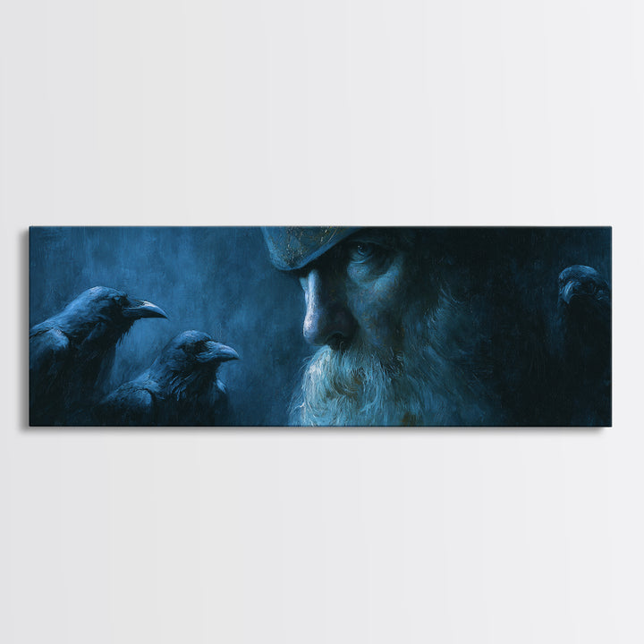 Odin With Ravens In Blue Shadow Canvas Print, Norse Mythology Wall Art, Viking Decor, Dark Academia Gift For Him, Moody Office Decor