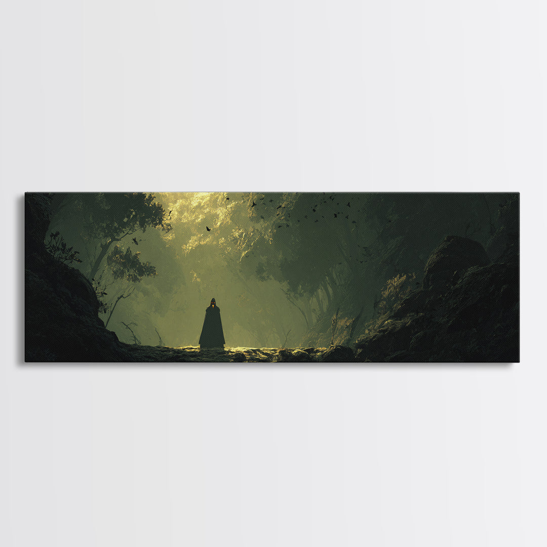 Cloaked Figure In Enchanted Forest Canvas Print, Dark Fantasy Landscape Art, Moody Wall Decor, Gothic Home Decor, Gift For Her