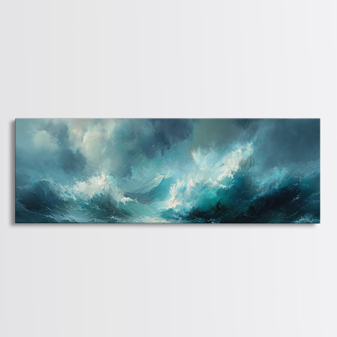 Stormy Teal Ocean Waves Wall Art, Moody Seascape Canvas Print, Coastal Living Room Decor, Large Abstract Ocean Painting Print