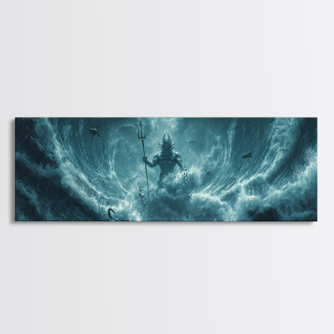 Storm God Rising From Ocean Waves Canvas Print, Poseidon Trident Fantasy Art, Dramatic Nautical Wall Decor For Men, Coastal Storm Artwork