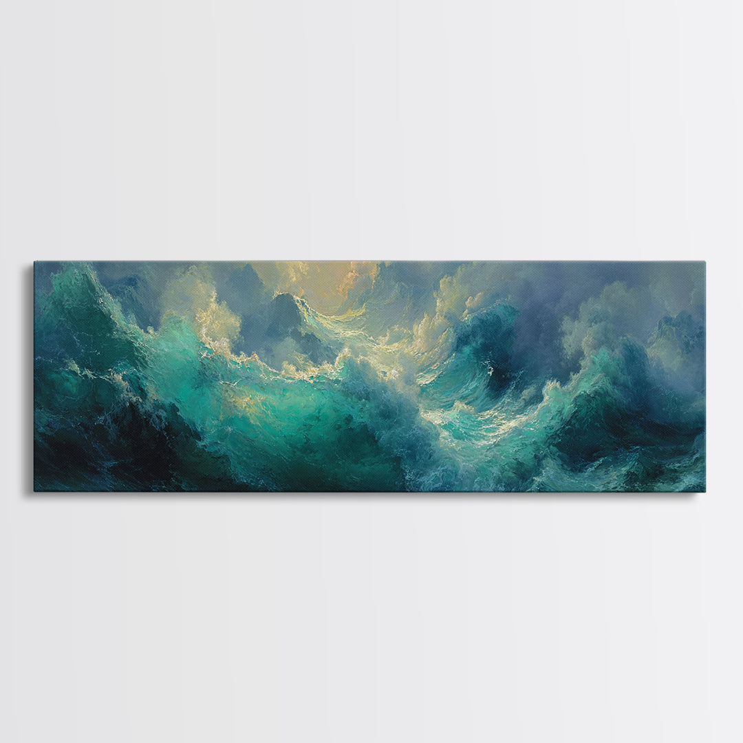 Stormy Turquoise Ocean Waves Framed Canvas Print, Moody Seascape, Coastal Wall Art, Nautical Decor, Large Horizontal Art