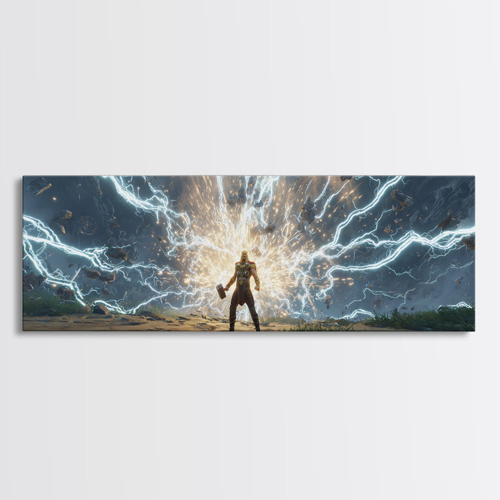 Armored Hero Facing Lightning Portal Canvas Print, Futuristic Sci Fi Wall Art, Cyberpunk Battle Decor, Epic Gaming Room Art