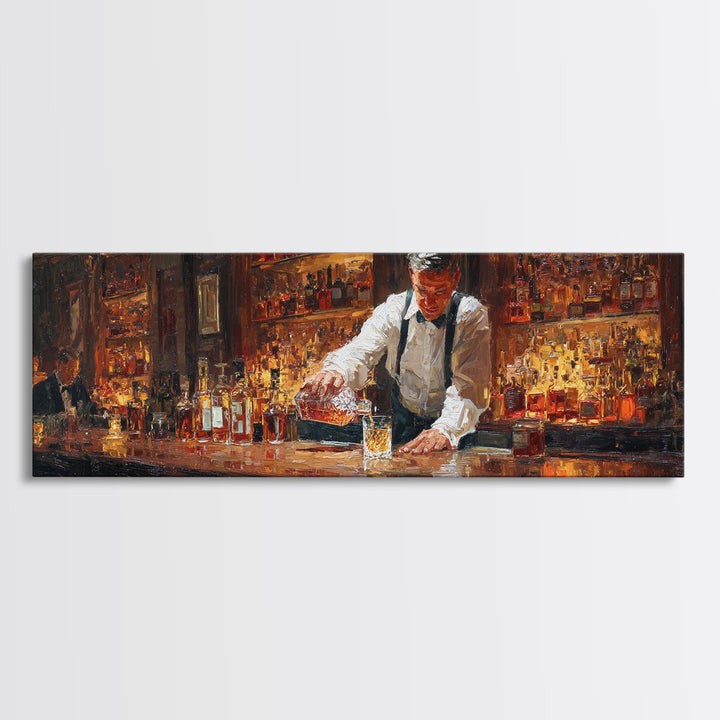 Bartender Pouring Whiskey In Classic Bar Wall Art, Speakeasy Oil Painting Canvas, Masculine Home Bar Decor Print, Gift For Him