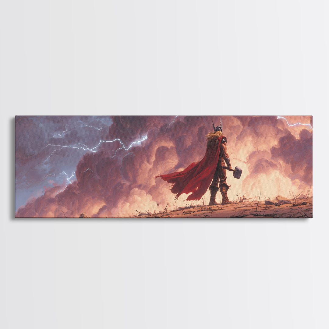 Storm God Warrior With Hammer Canvas Print, Epic Viking Fantasy Wall Art, Thunder Sky Decor, Dramatic Game Room Gift For Him