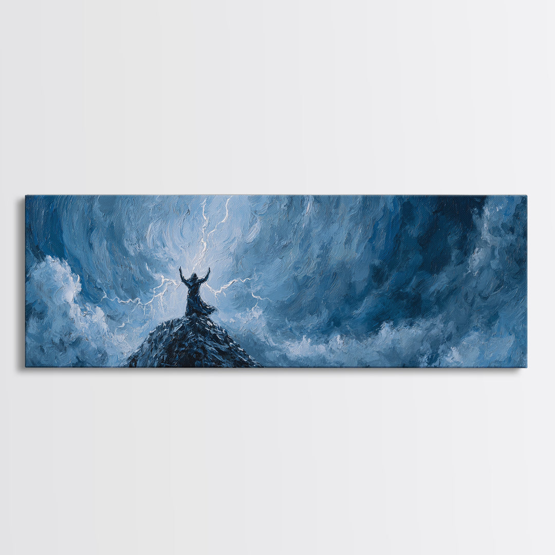 Lone Viking On Stormy Peak Canvas Print, Lightning Sky Wall Art, Norse Mythology Decor, Dramatic Mountain Artwork Gift For Him