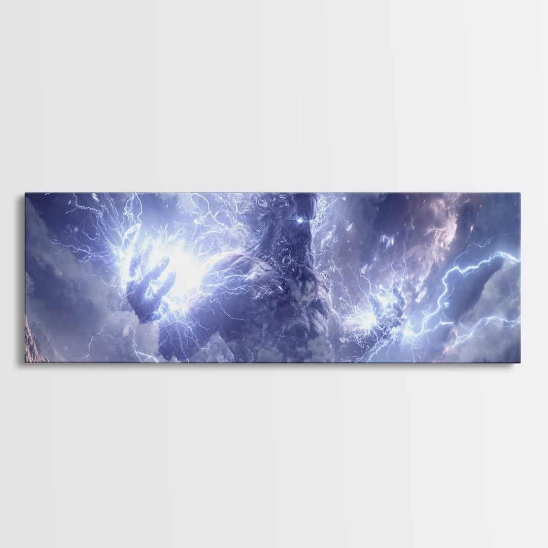 Colossal Storm Titan Wielding Lightning Canvas Print, Mythological Fantasy Wall Art, Thunder God Decor, Epic Mountain Artwork