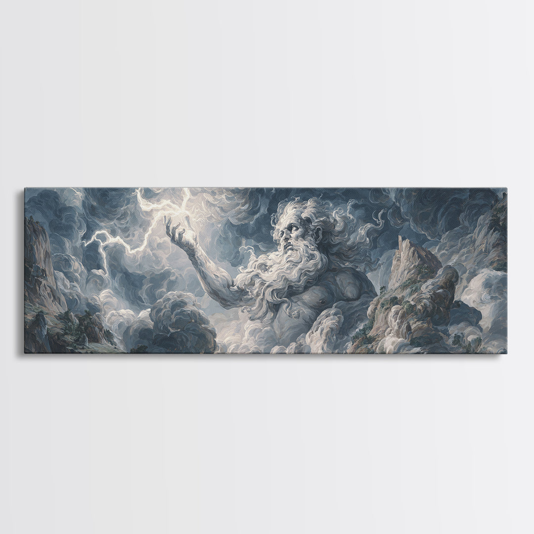 Mythic Storm God In Mountain Clouds Wall Art, Baroque Fantasy Landscape, Lightning Canvas Print, Dramatic Moody Decor, Large Art