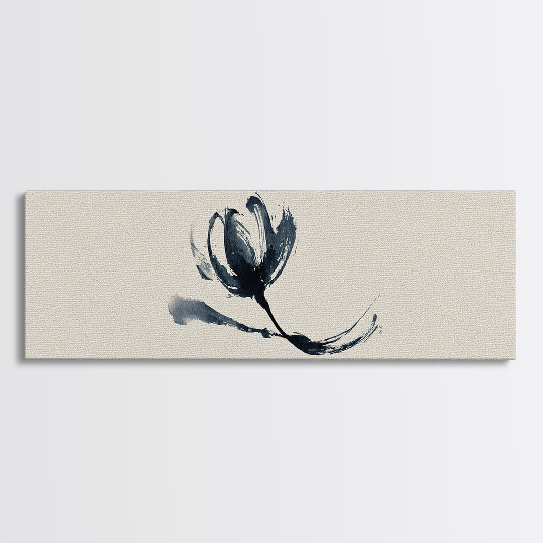 Minimalist Ink Flower On Textured Linen Wall Art, Botanical Canvas Print, Neutral Floral Decor, Japandi Bedroom Wall Art