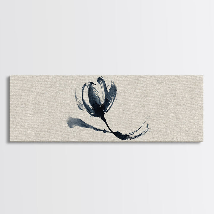 Minimalist Ink Flower On Textured Linen Wall Art, Botanical Canvas Print, Neutral Floral Decor, Japandi Bedroom Wall Art