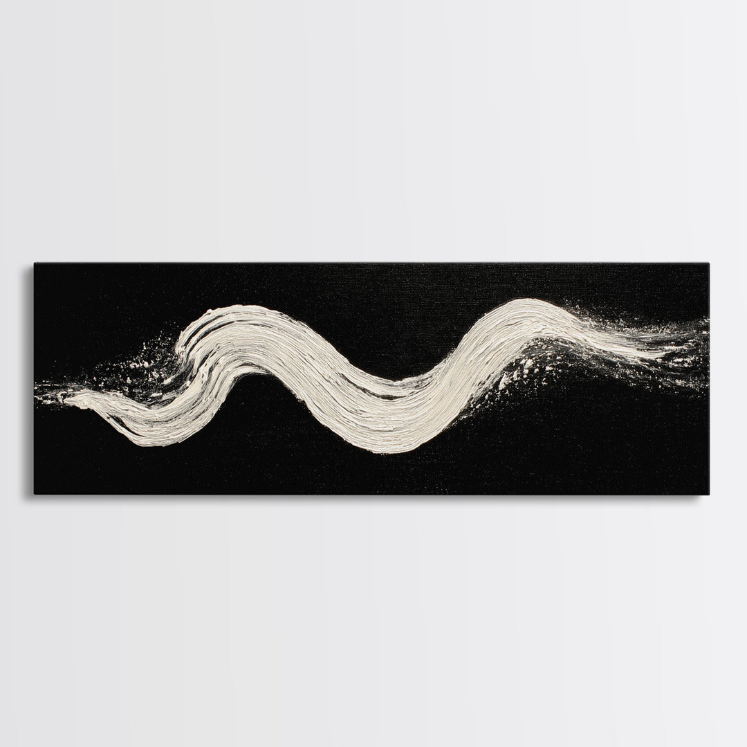 Black And White Brushstroke Wall Art, Minimalist Abstract Canvas Print, Textured Modern Decor, Large Horizontal Art Print