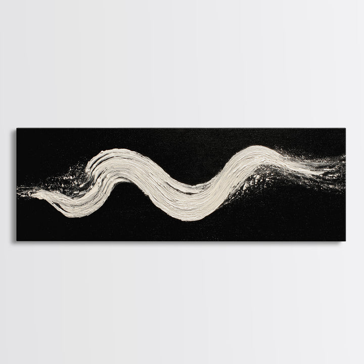 Black And White Brushstroke Wall Art, Minimalist Abstract Canvas Print, Textured Modern Decor, Large Horizontal Art Print